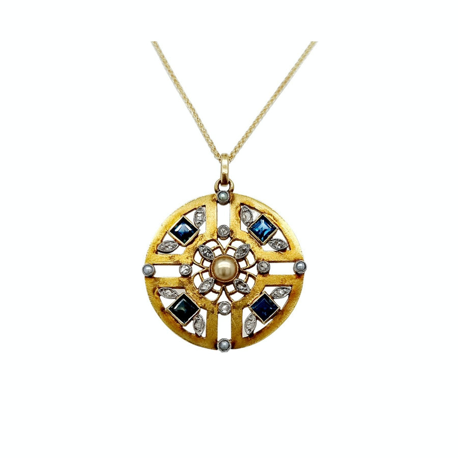 Edwardian Sapphire Pearl & Diamond Pendant