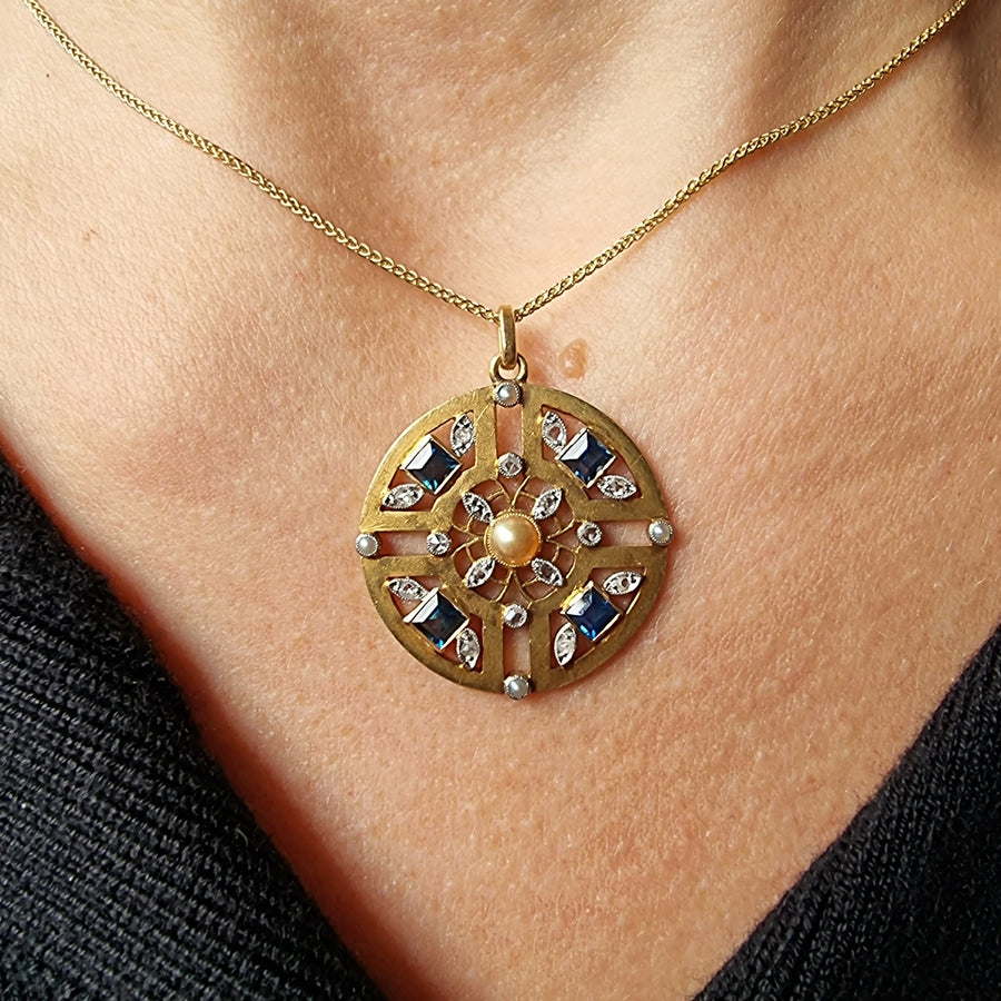 Edwardian Sapphire Pearl & Diamond Pendant