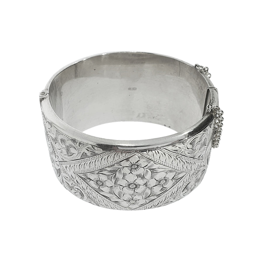 Hand Engraved Wide Silver Bangle