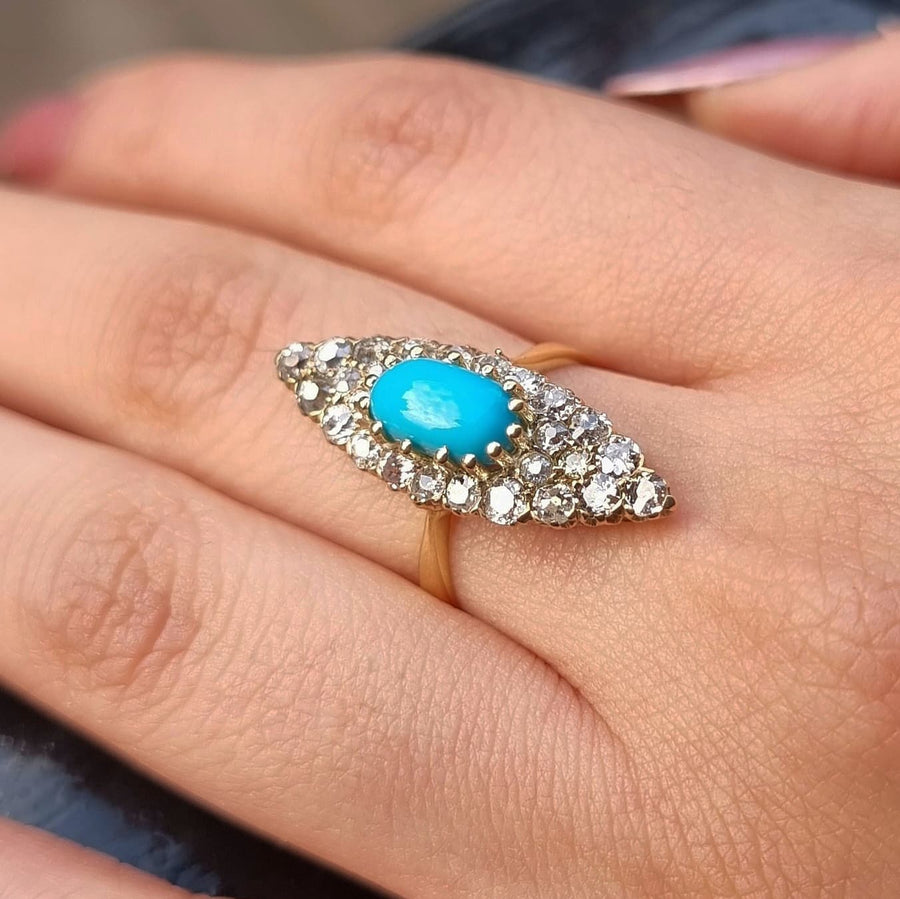Antique Turquoise & Diamond Navette Ring