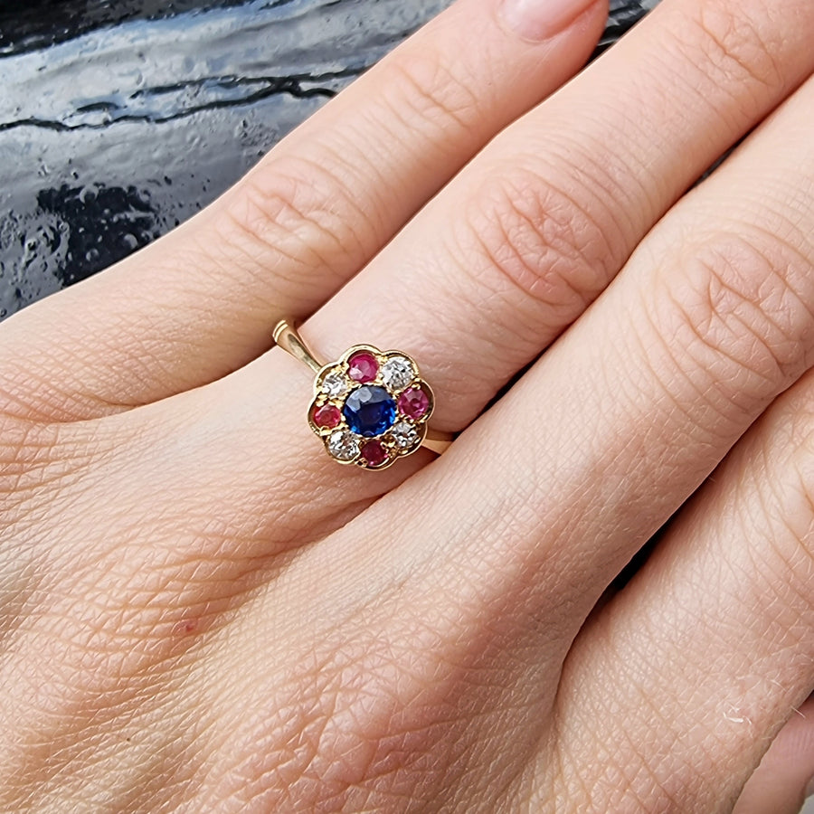 Ruby, Sapphire & Diamond Floral Ring