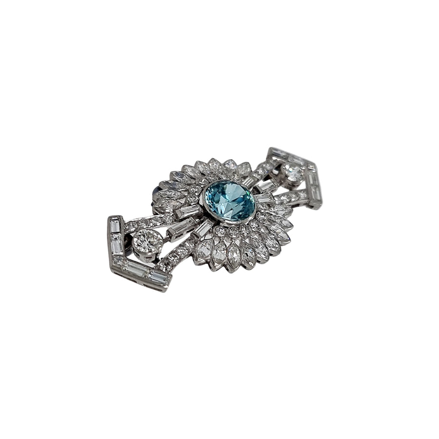 Platinum Diamond & Blue Zircon Brooch