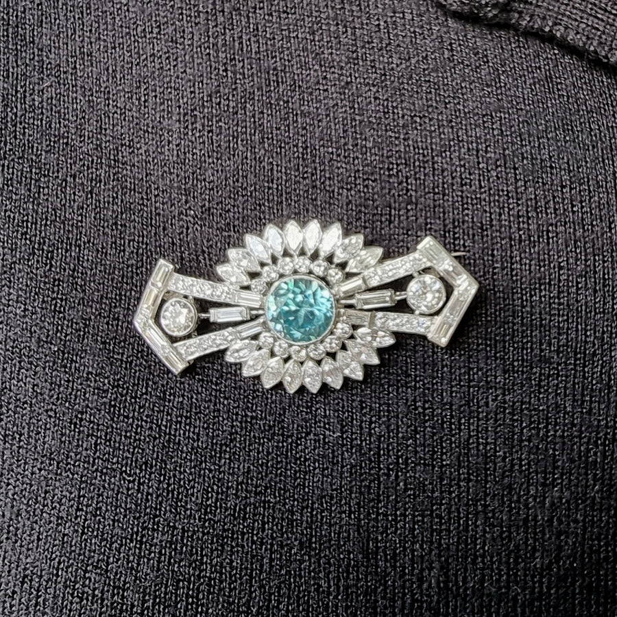 Platinum Diamond & Blue Zircon Brooch