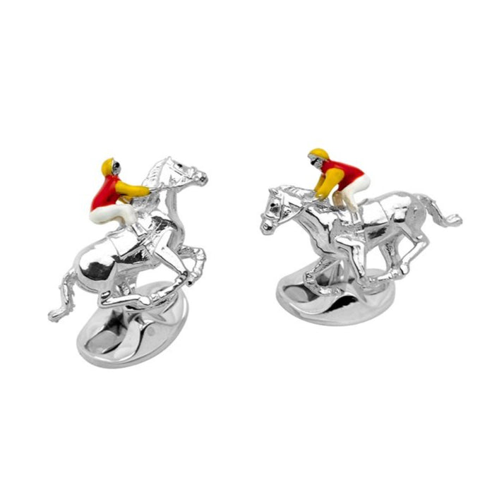 Sterling Silver Red and Yellow Horse & Jockey Cufflinks