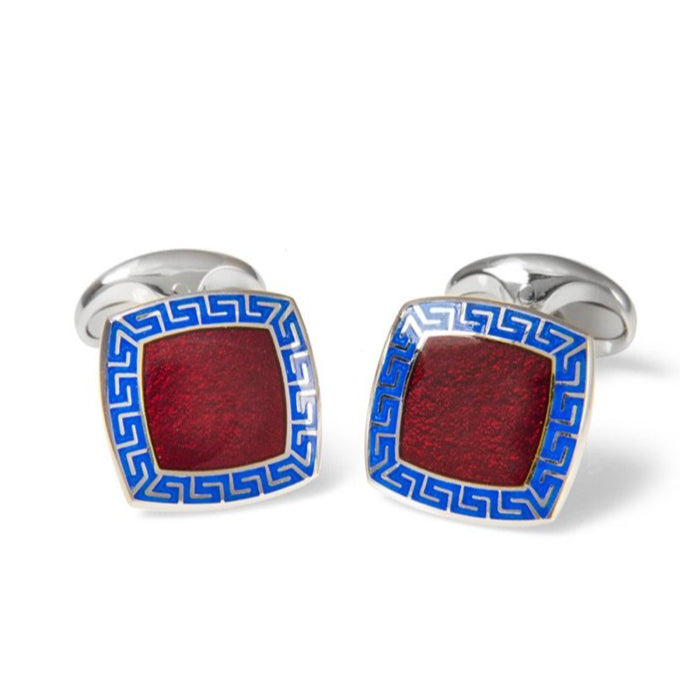 Sterling Silver Red Enamel Cufflinks with Blue Patterened Border