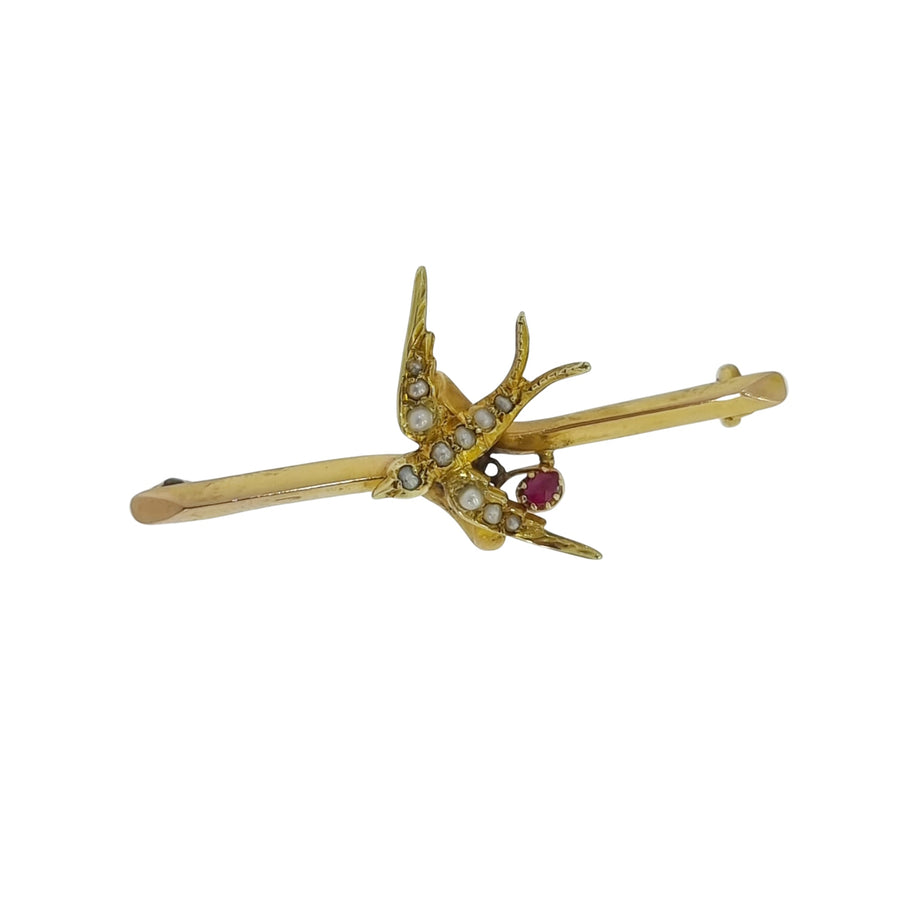 Victorian Ruby & Pearl Swallow Brooch