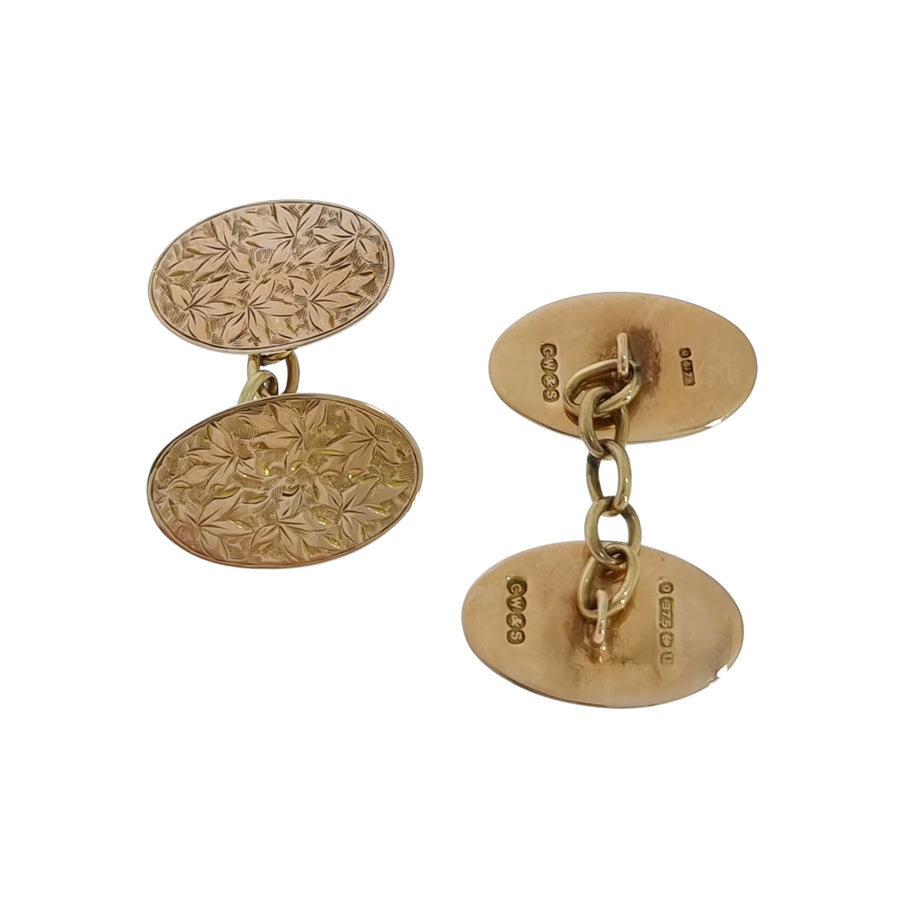 9ct Rose Gold Oval Foliate Engraved Cufflinks